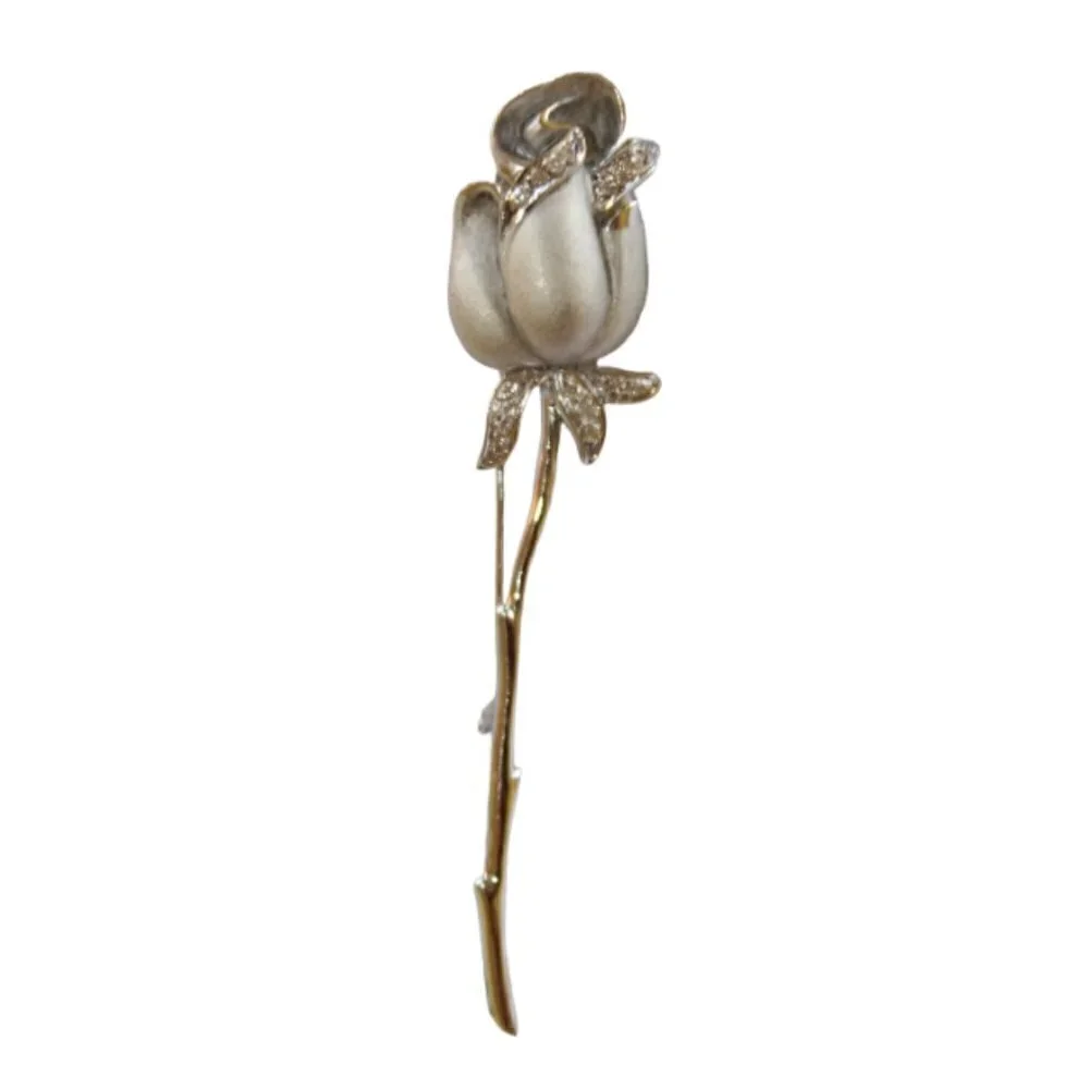 Sterling Silver 925 Rose flower brooch white Rhinestones Vintage